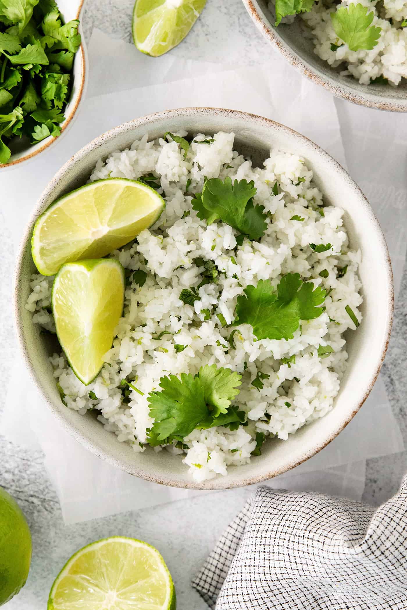 Overhead view of a bowl of cilantro rice