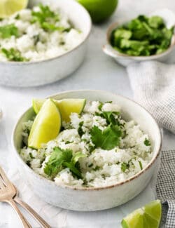 Angled view of a bowl of lime rice