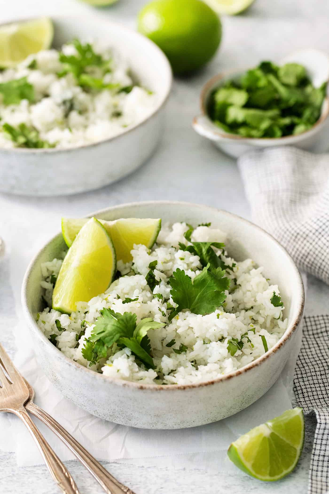 Angled view of a bowl of lime rice