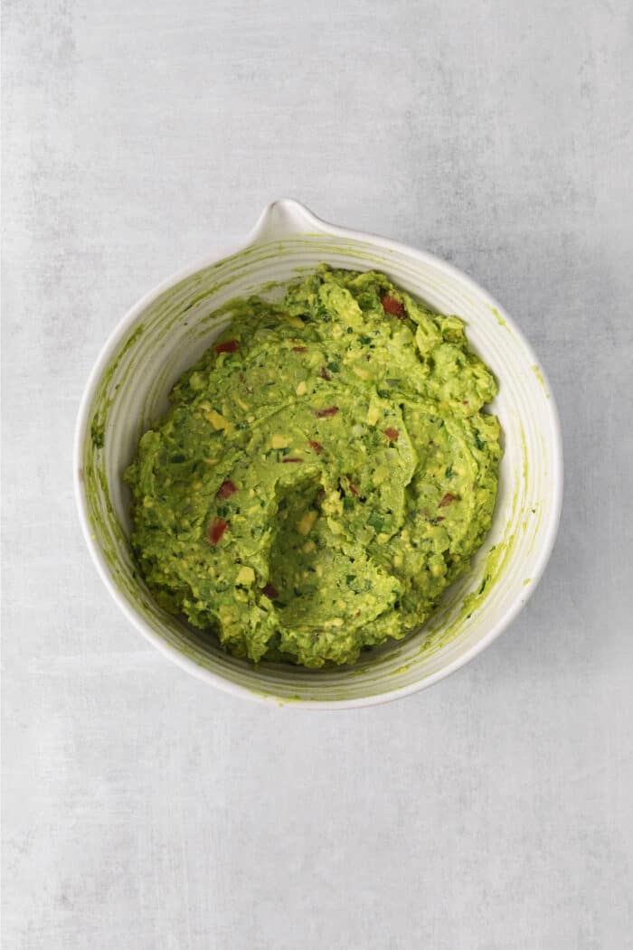 Overhead view of easy guacamole in a mixing bowl