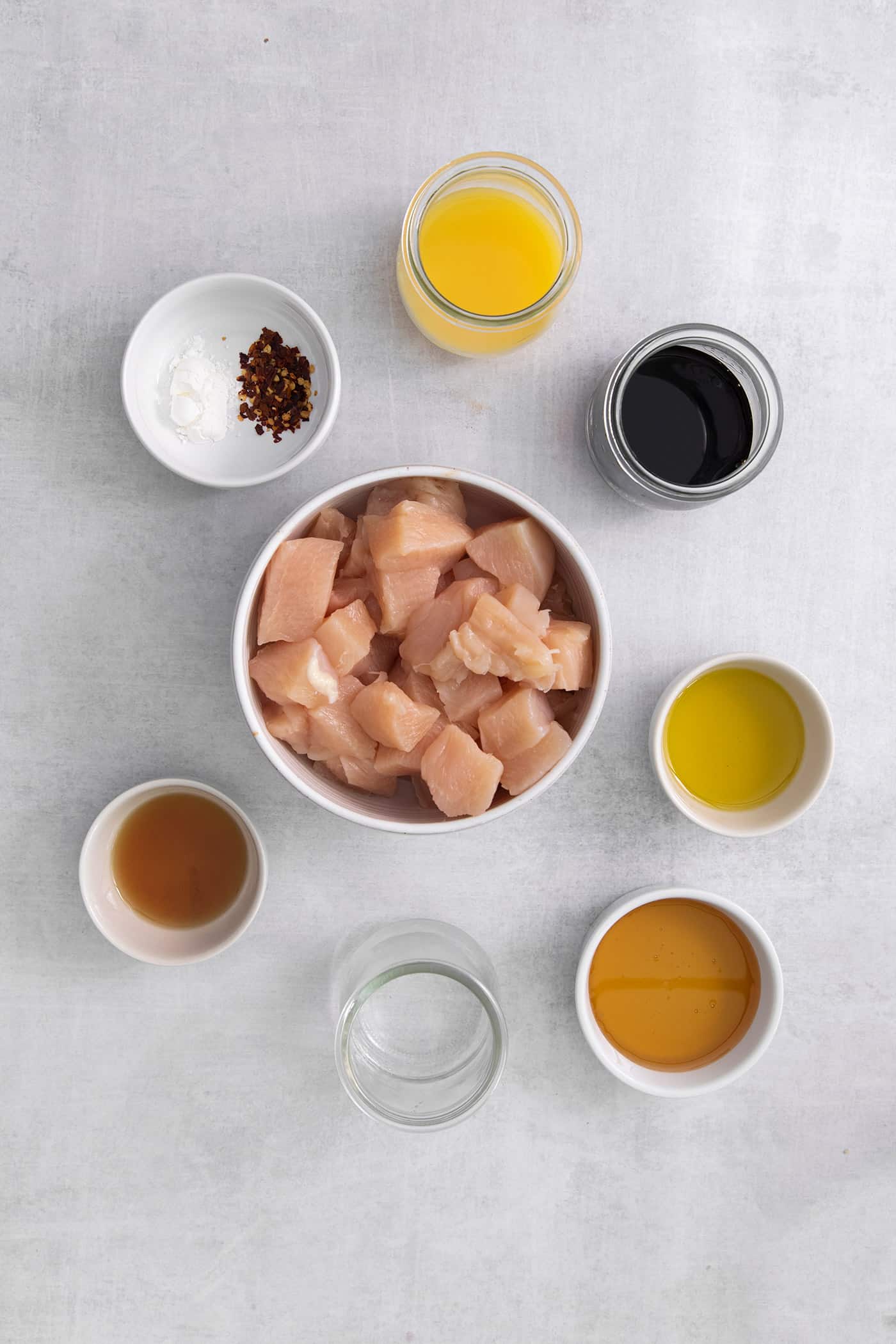 Overhead view of mandarin chicken ingredients