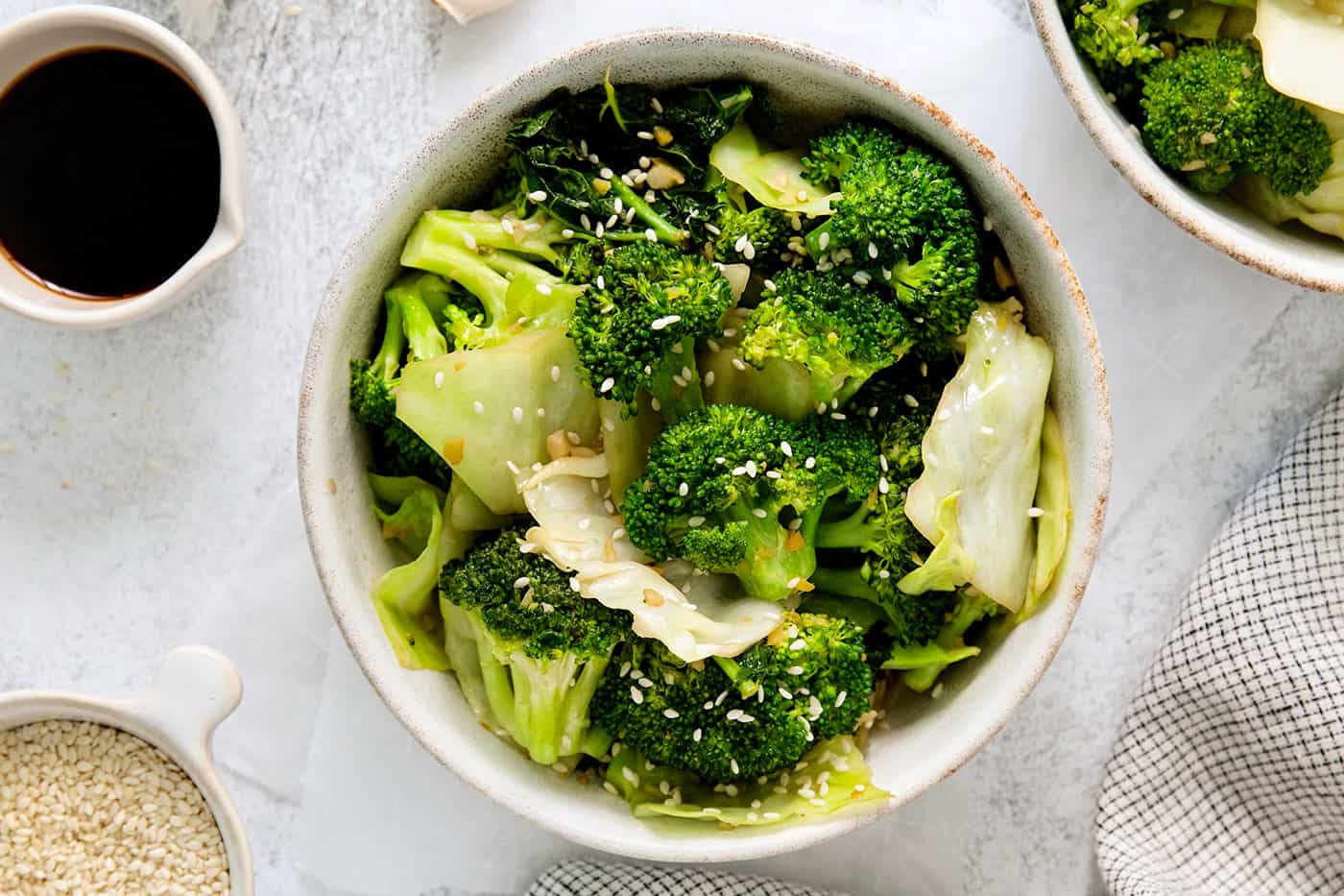 Overhead view of a bowl of Panda Express steamed veggies