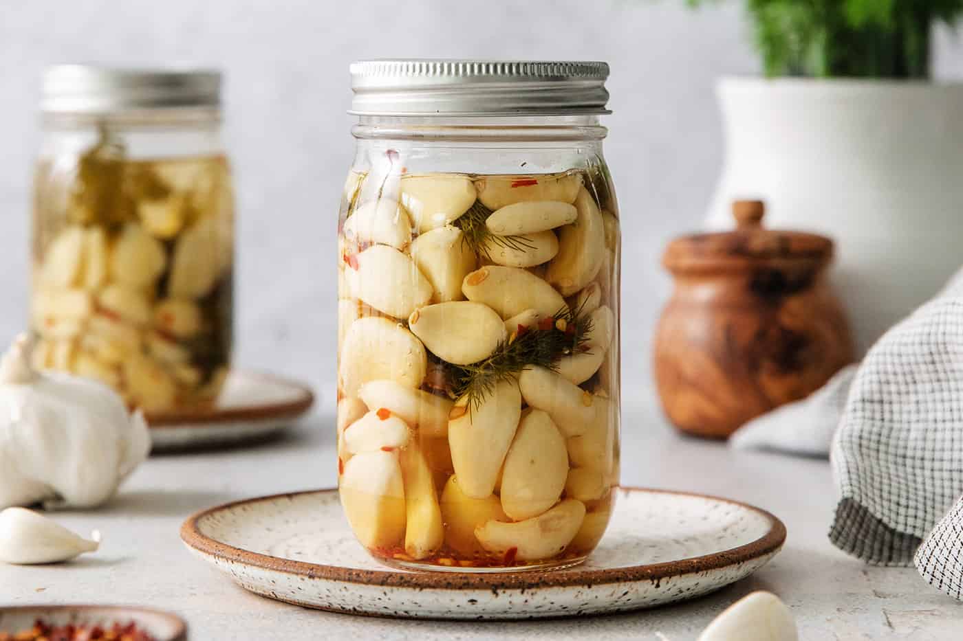 A jar of pickled garlic