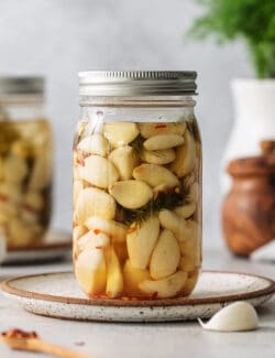 A jar of pickled garlic