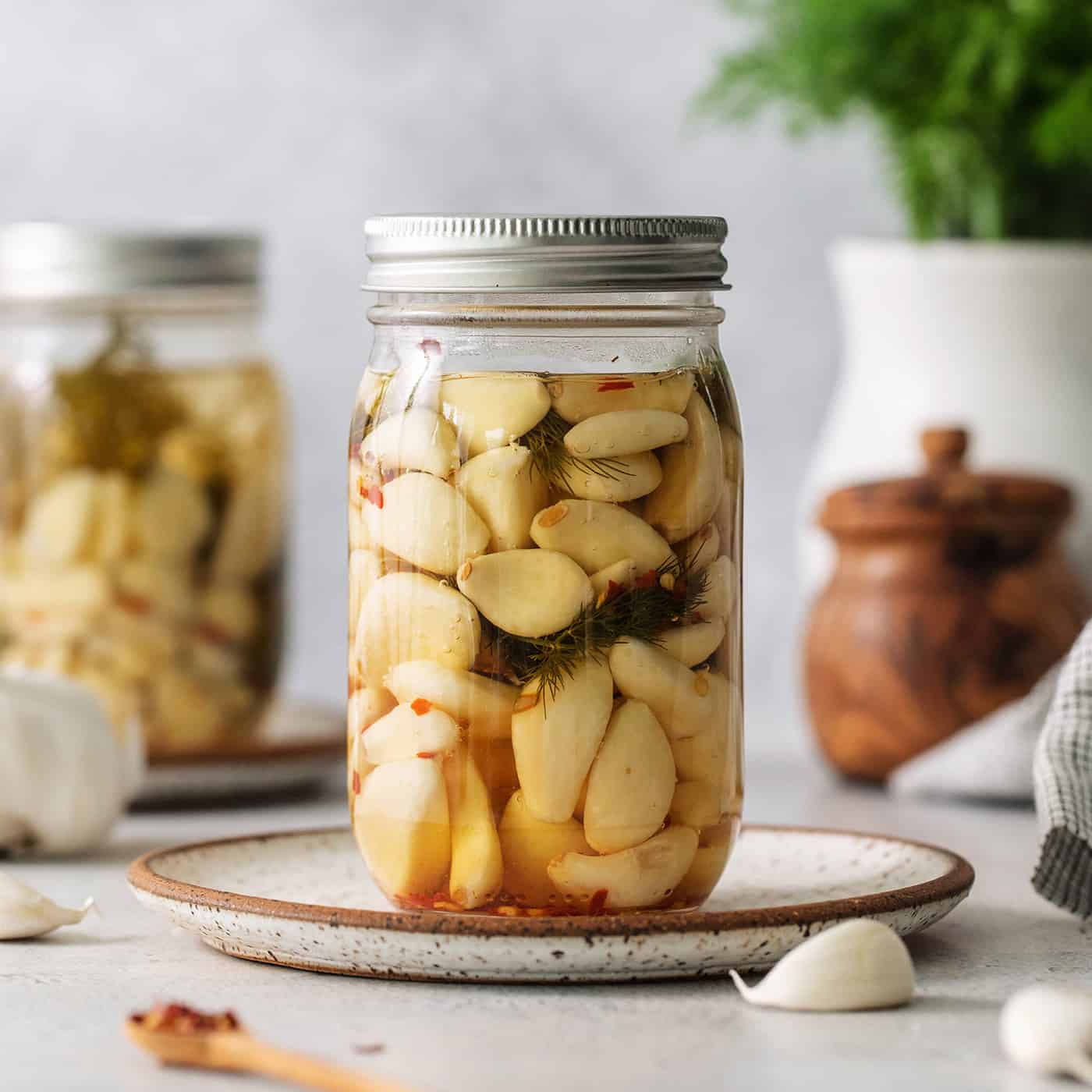 A jar of pickled garlic