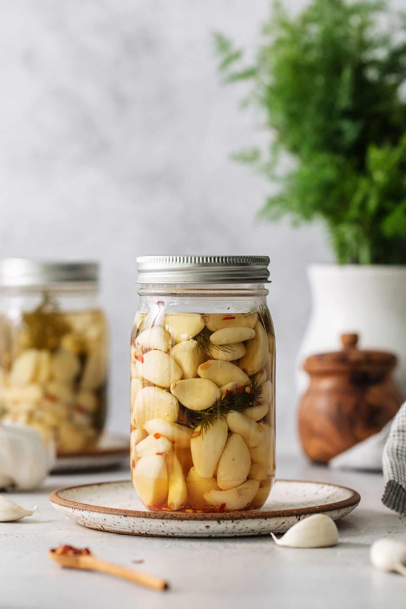 A jar of pickled garlic