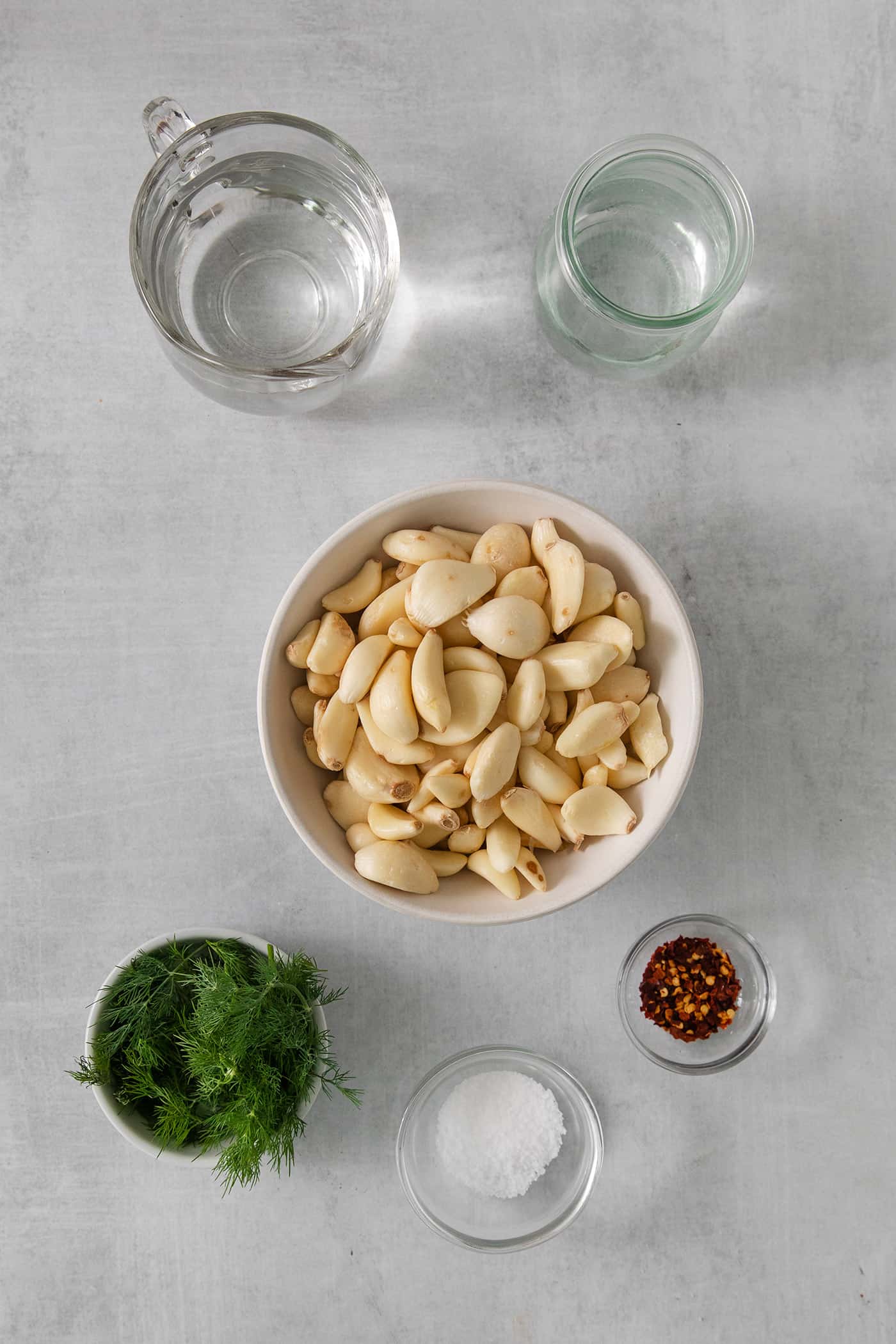 Overhead view of a bowl of garlic