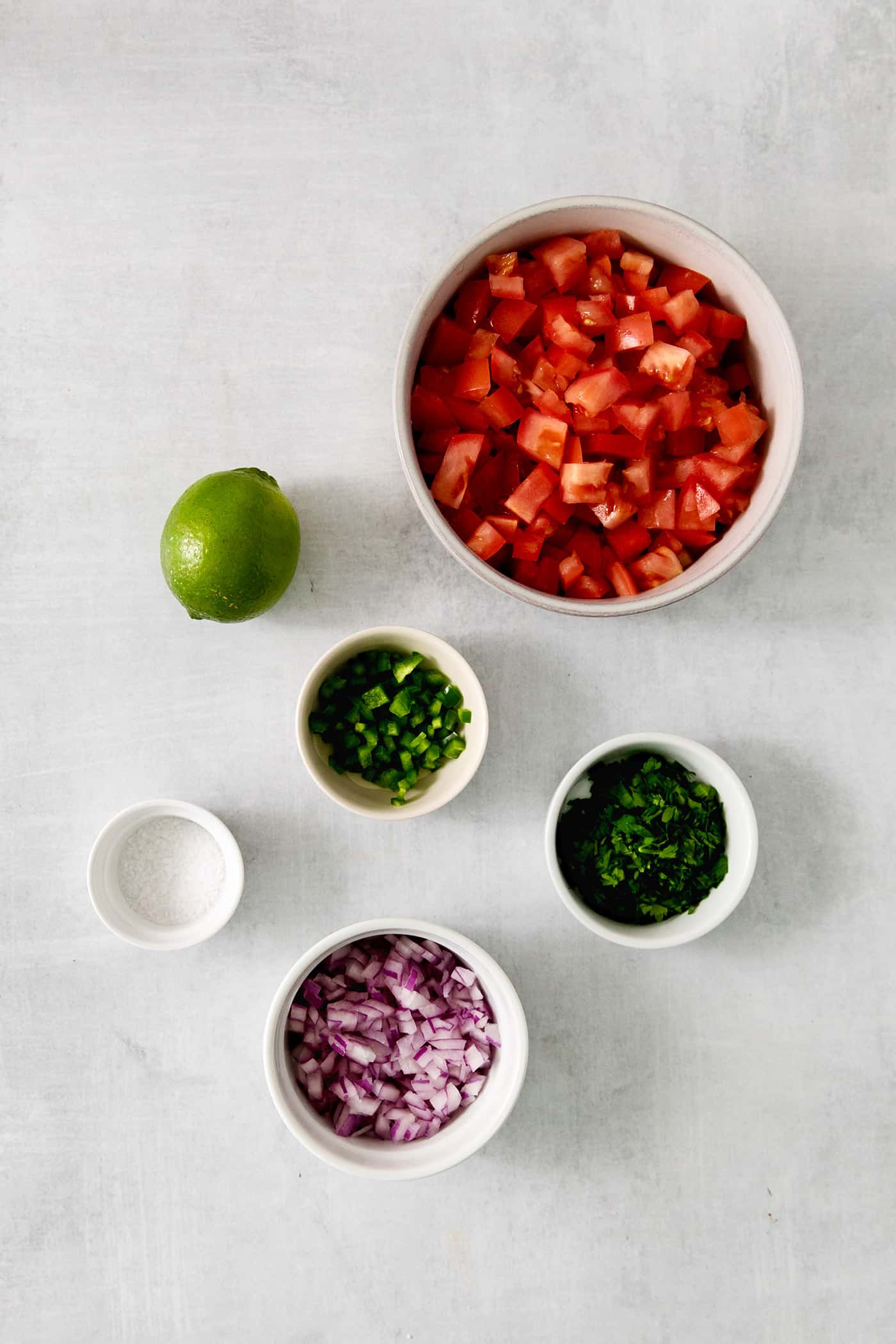 Overhead view of homemade pico de gallo ingredients