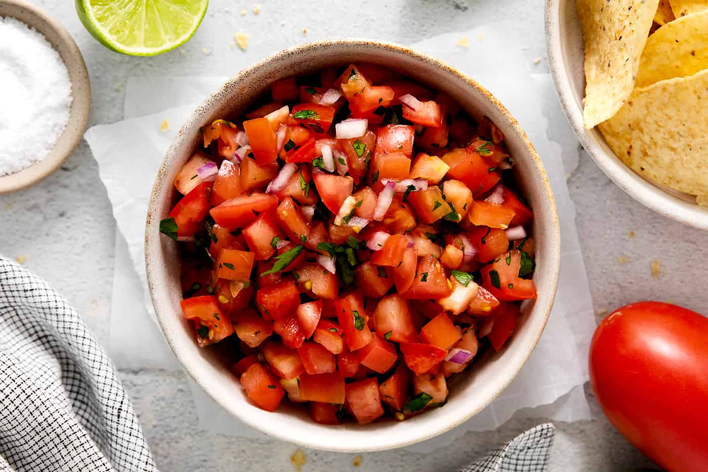 Overhead view of a bowl of pico de gallo