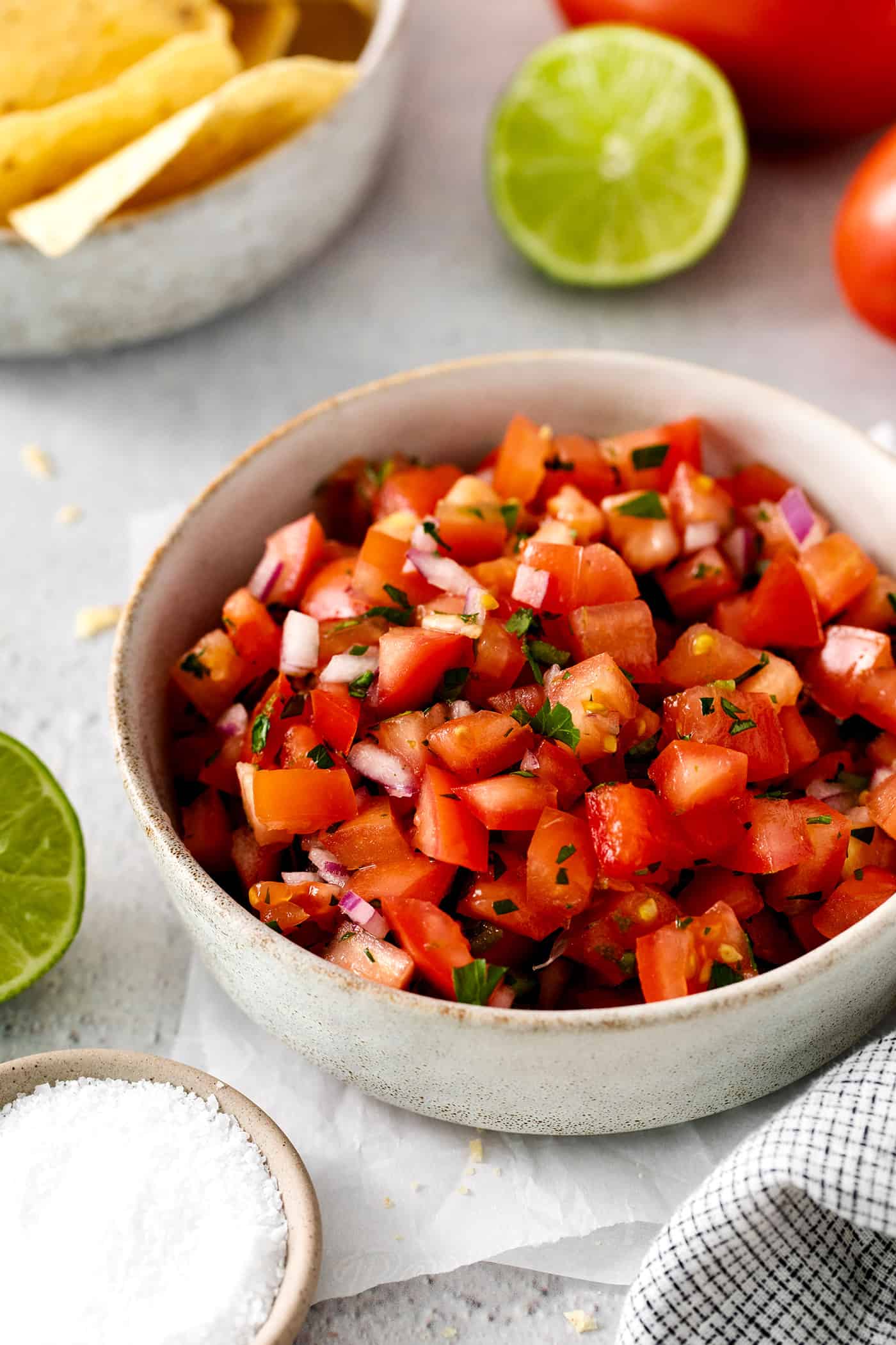 Overhead view of a bowl of pico de gallo