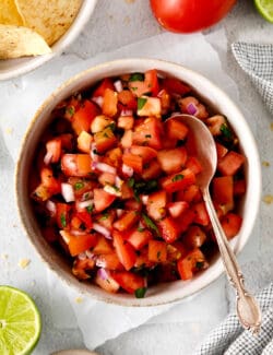 Overhead view of a bowl of pico de gallo