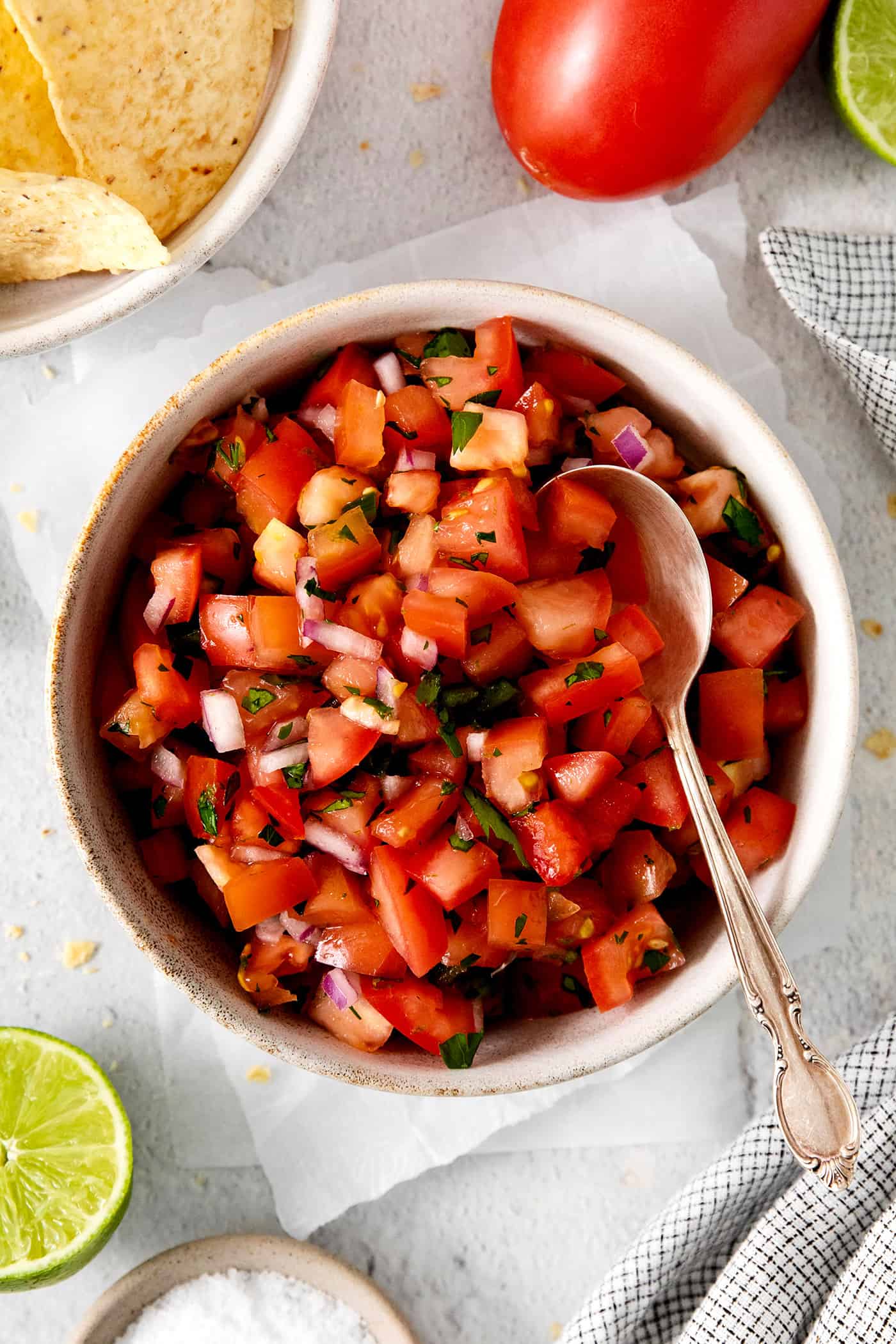 Overhead view of a bowl of pico de gallo