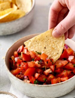 A chip being dipped into pico de gallo