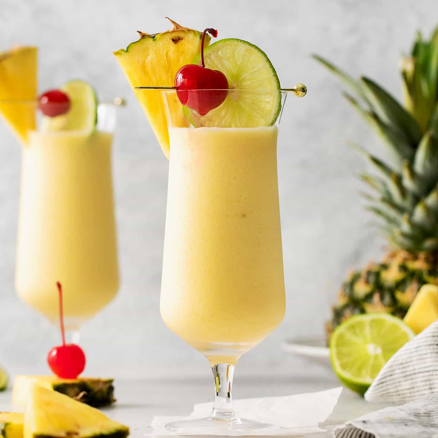 Front view of a pina colada cocktail