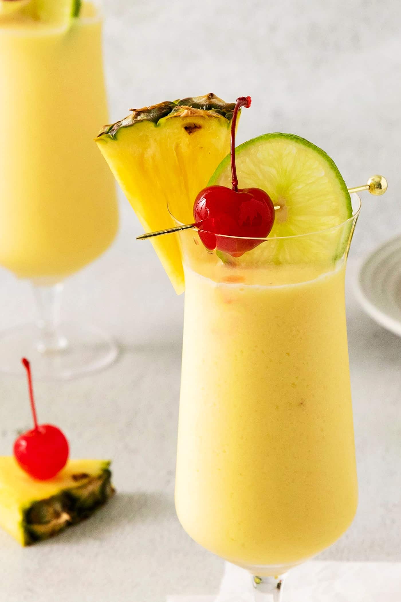 Close up of a pina colada cocktail