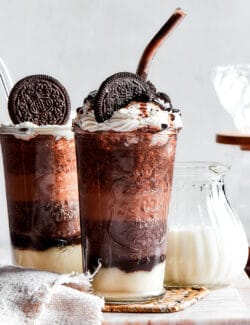 2 Frappuccino coffee drinks made with chocolate and cookie crumbles