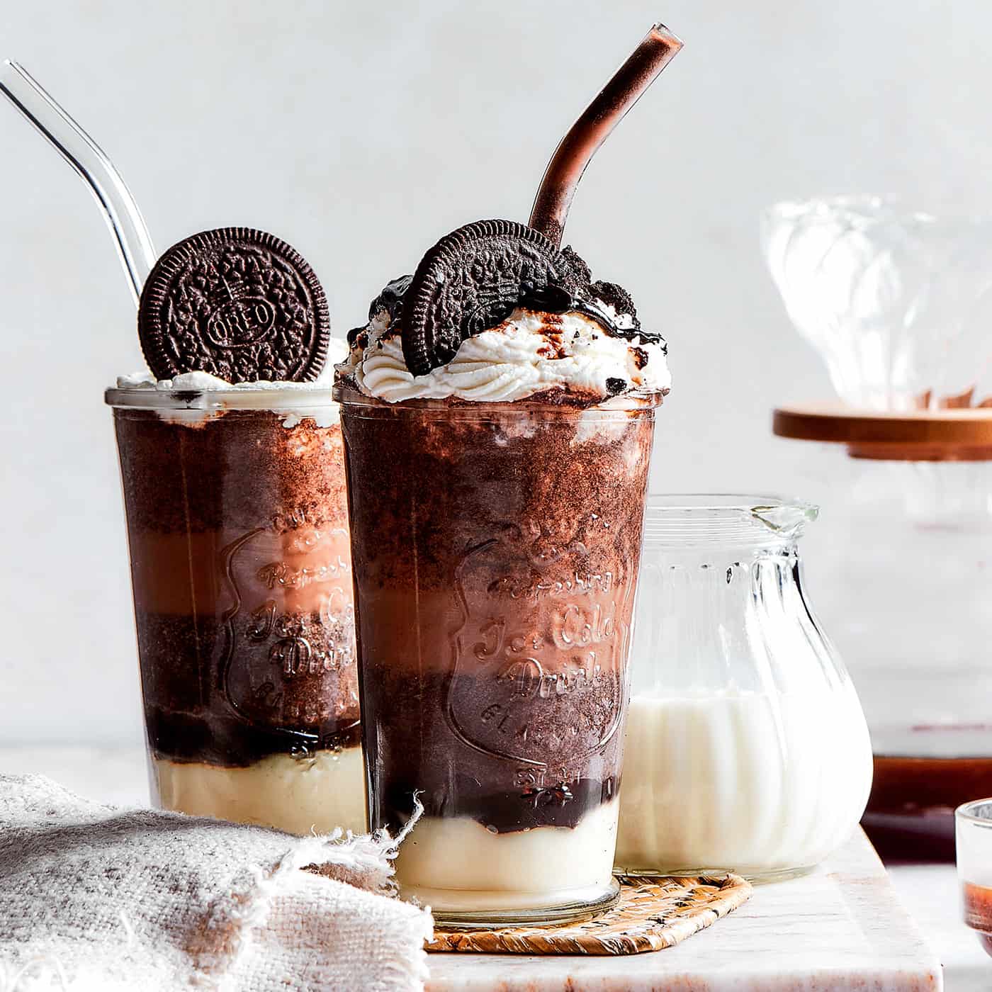 2 Frappuccino coffee drinks made with chocolate and cookie crumbles