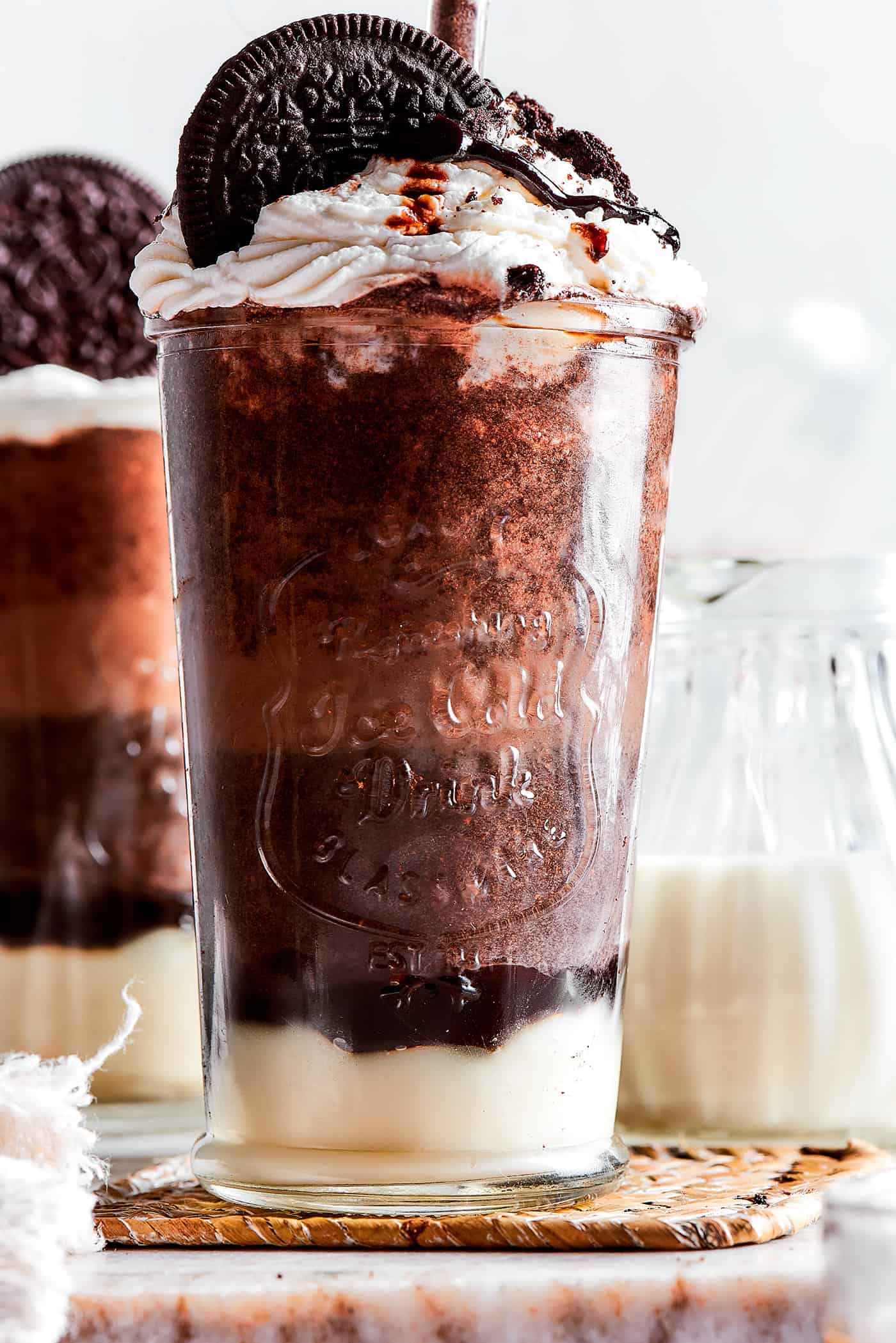 close-up photo of Frappuccino coffee drink made with chocolate and cookie crumbles