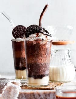 2 Frappuccino coffee drinks made with chocolate and cookie crumbles