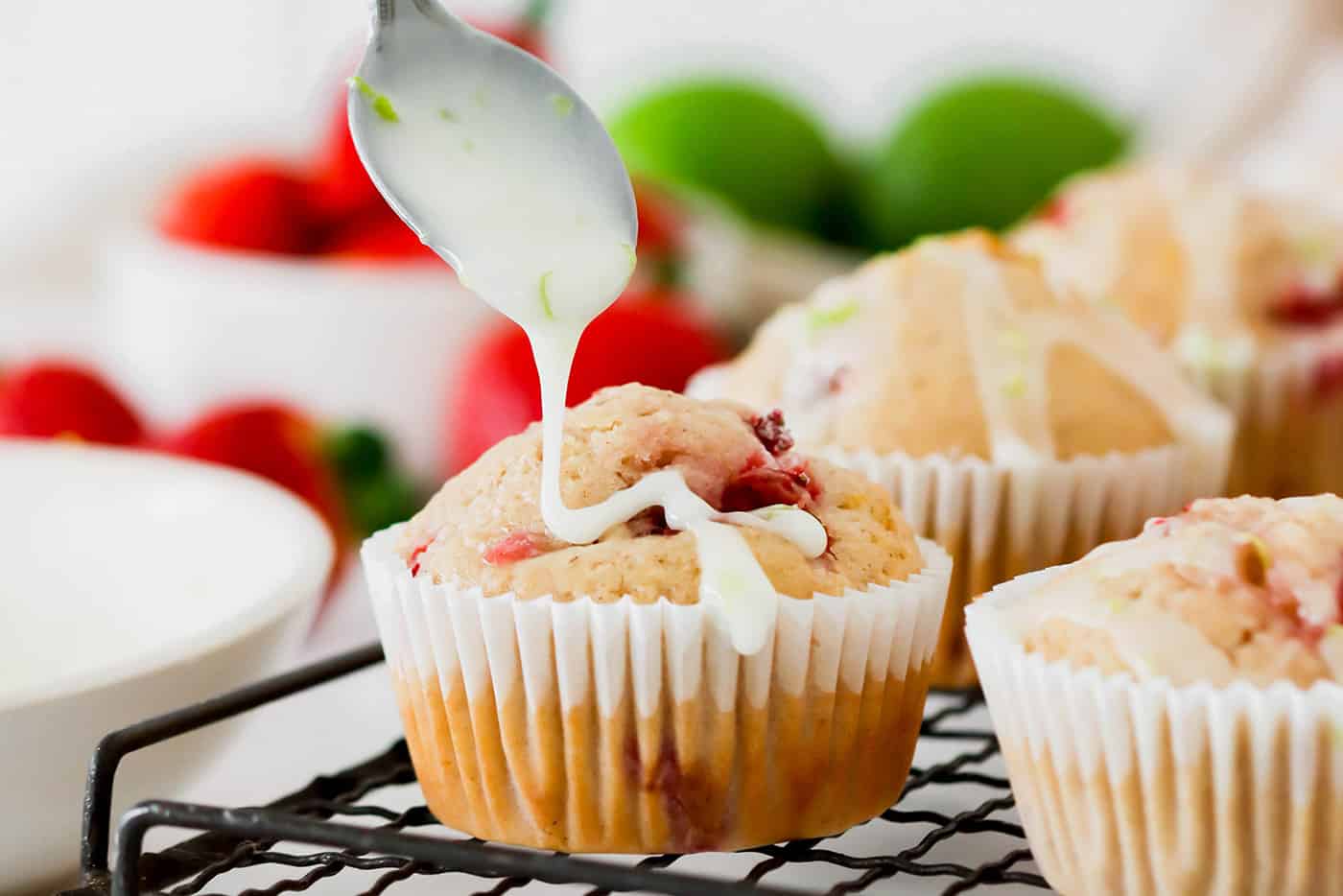 strawberry muffins with a fresh lime glaze