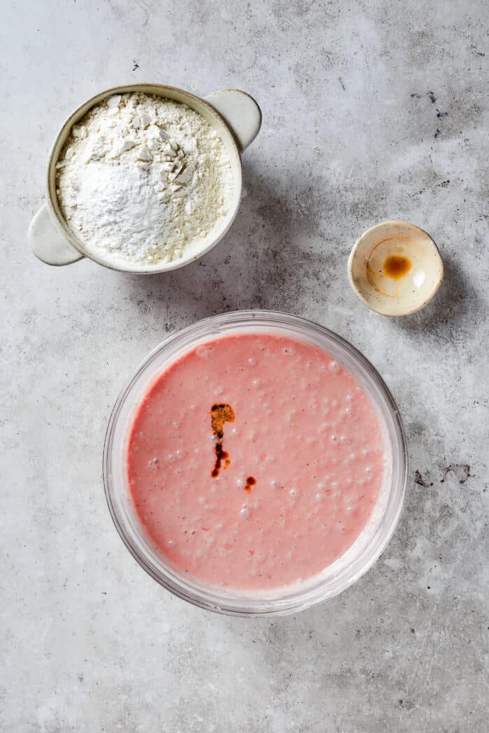 Adding strawberries tot the batter turns it bright pink.