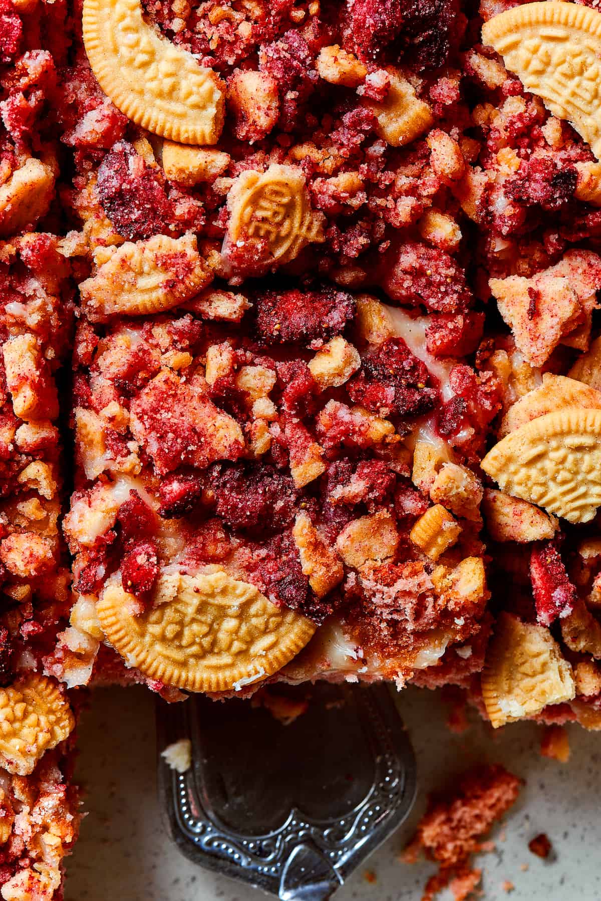 A close-up of strawberry crunch cake.