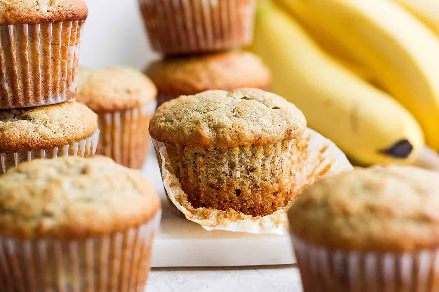 a stack of banana muffins