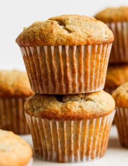 banana bread muffins stacked on top of each other