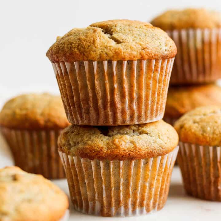 banana bread muffins stacked on top of each other