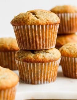 a stack of banana bread muffins