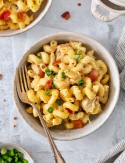 A bowl of chicken bacon ranch pasta on a white background with a fork.