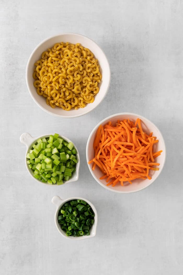 Macaroni pasta is seen in a bowl with individual bowls of chopped carrots, celery, and green onions.
