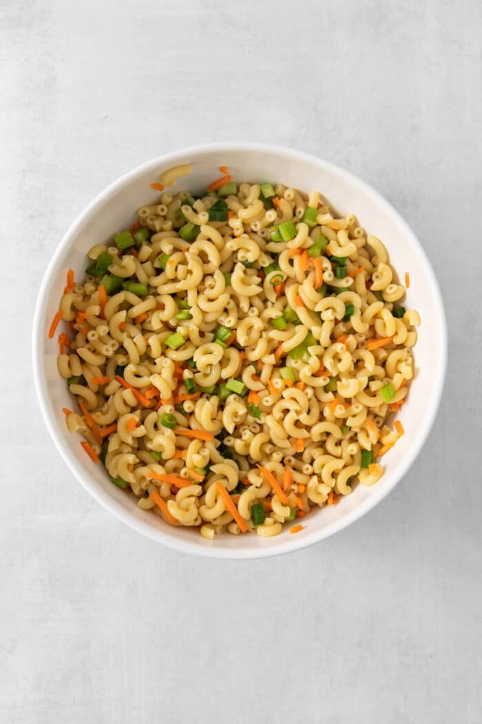 Macaroni pasta and carrots, onion, and celery are mixed together in a white bowl.