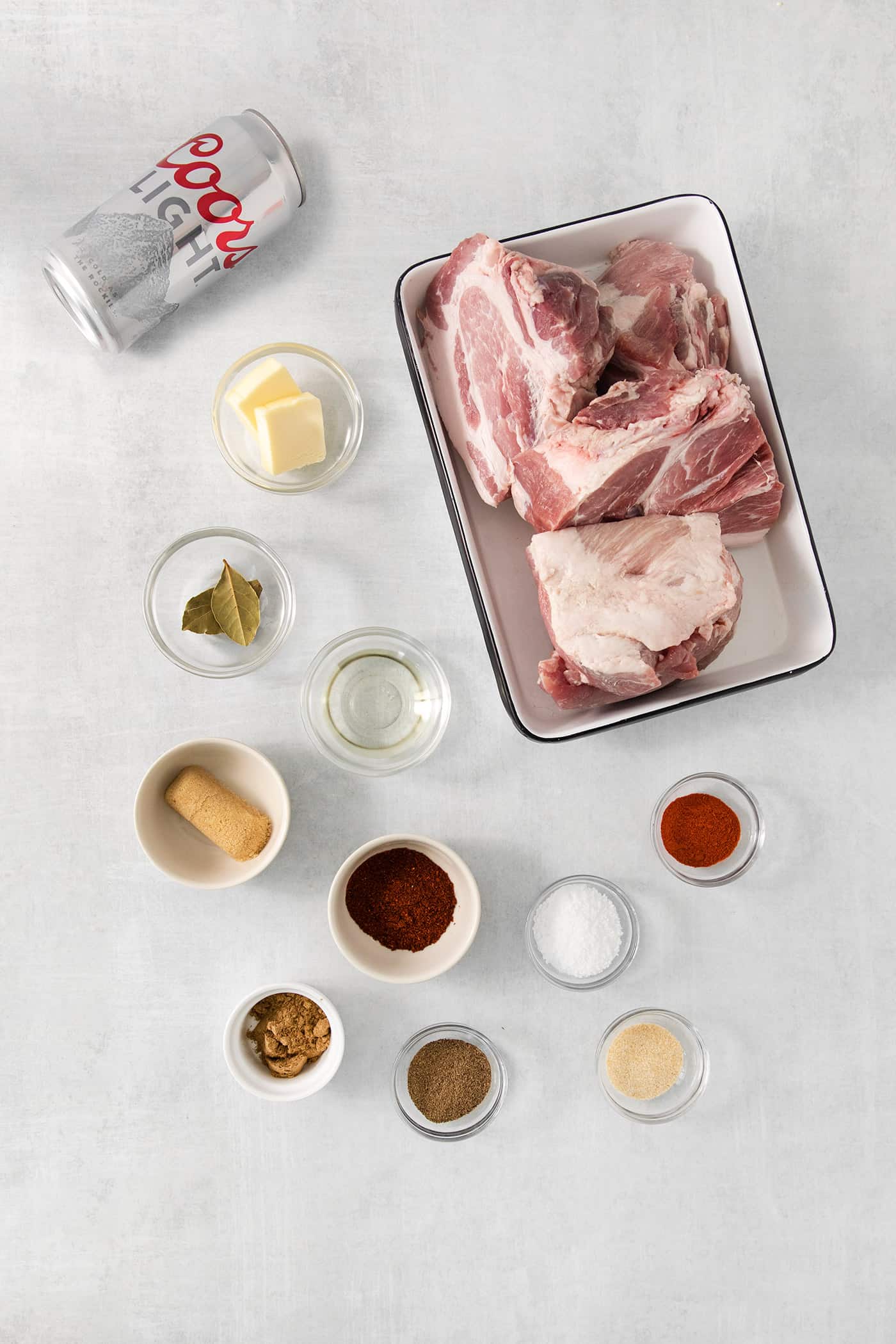Ingredients needed to make pulled pork include butter, oil, and seasonings.