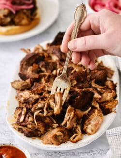 A fork digs into a plate of pulled pork.