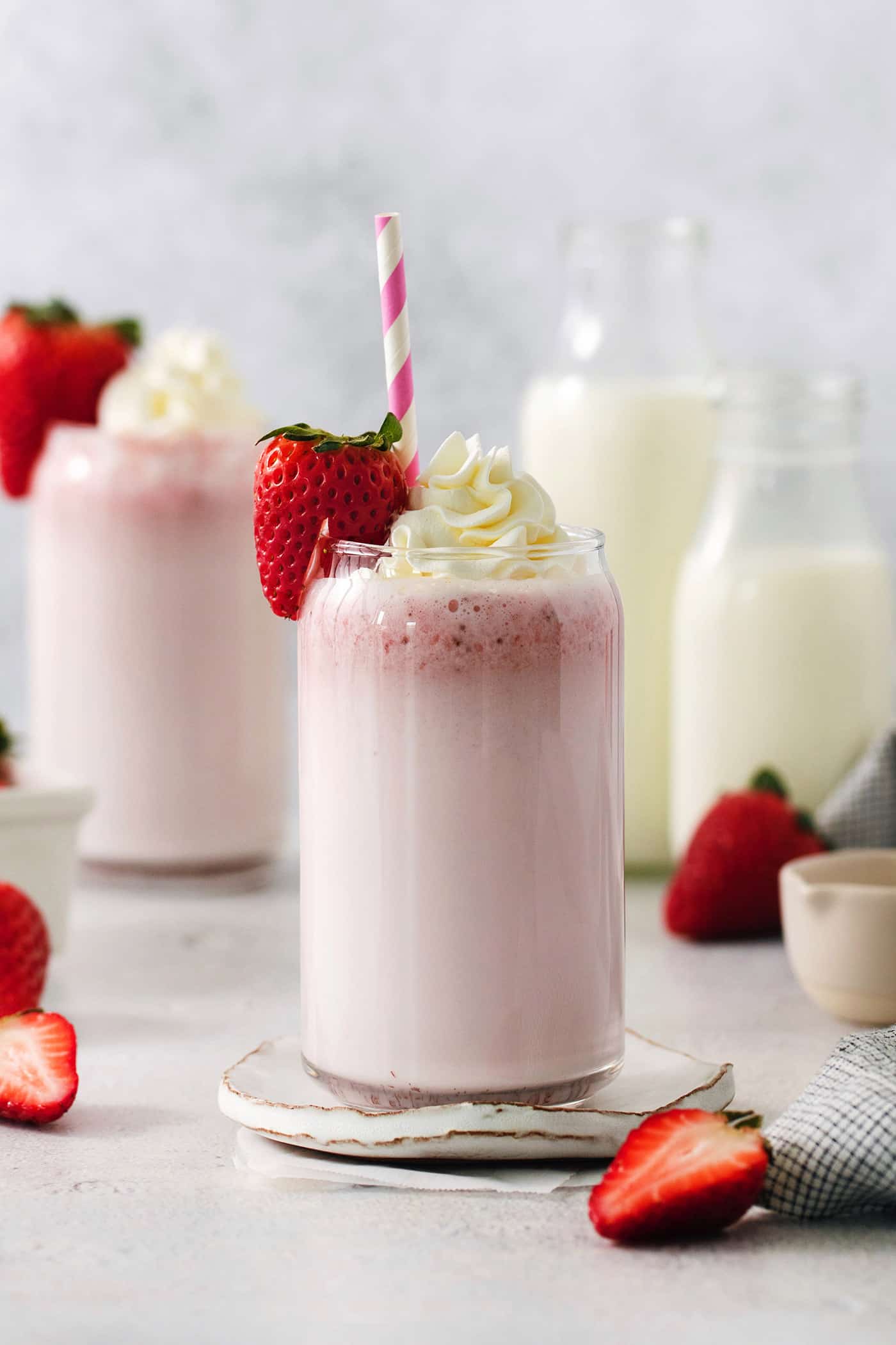 Strawberry Milkshake With Cream And Sauce In Take Away Cup Stock