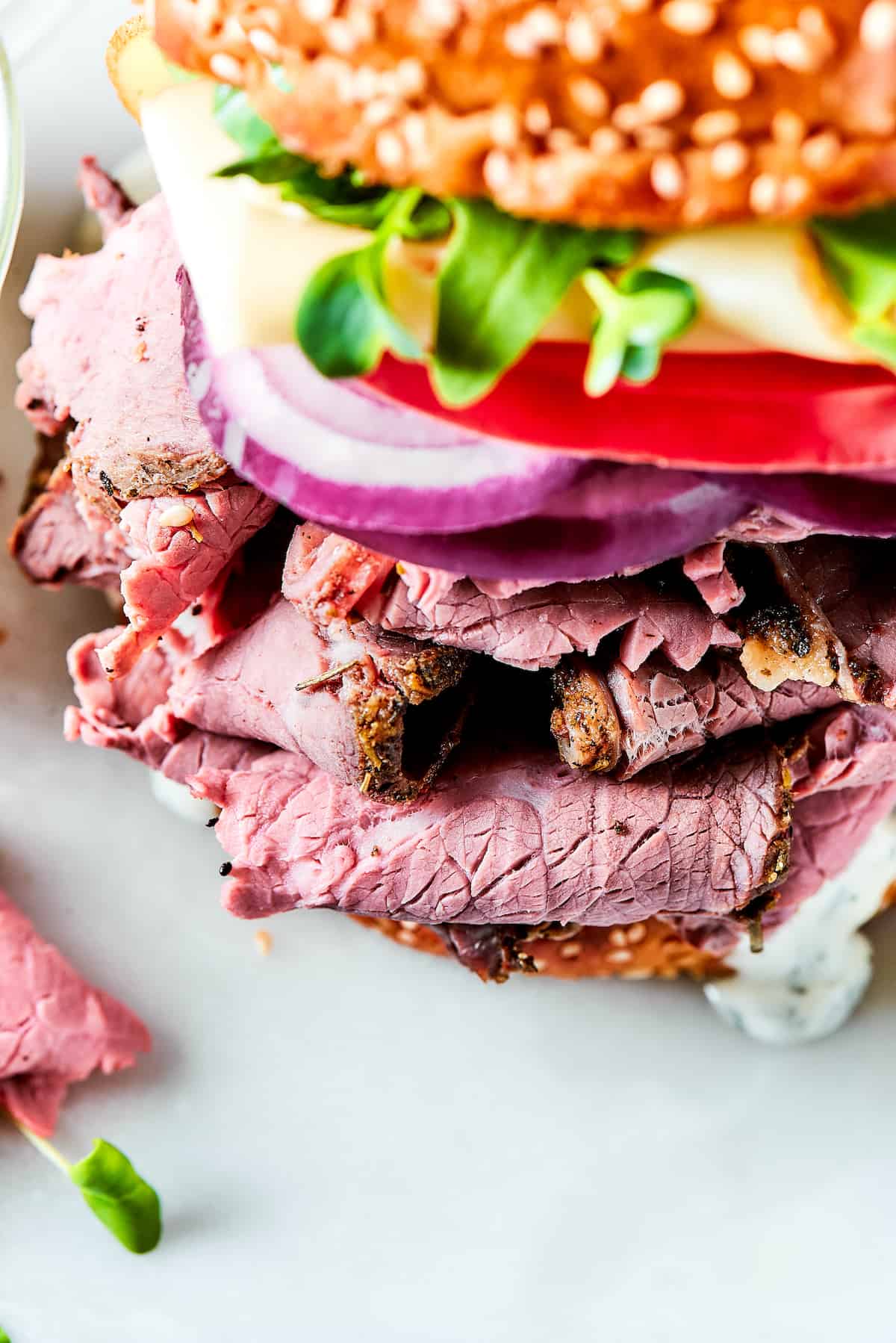 a close up of a roast beef sandwich.