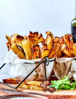 Truffles fries in paper with dip.