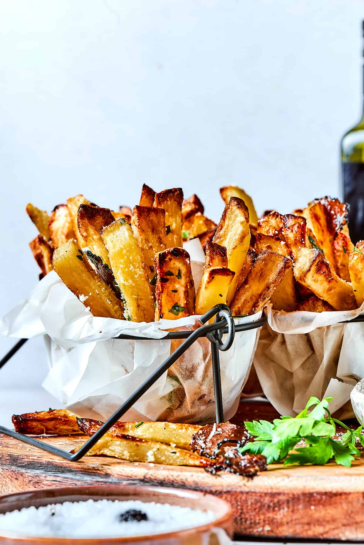 Truffles fries in paper with dip.