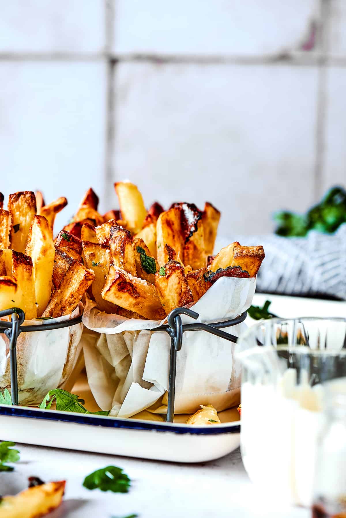 Truffles fries in paper with dip.