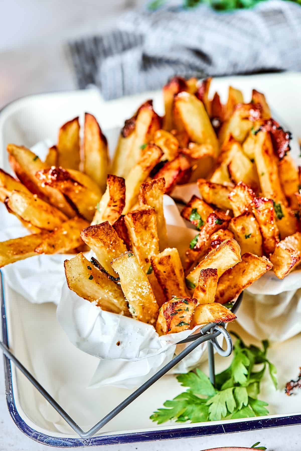 Truffles fries in paper with dip.