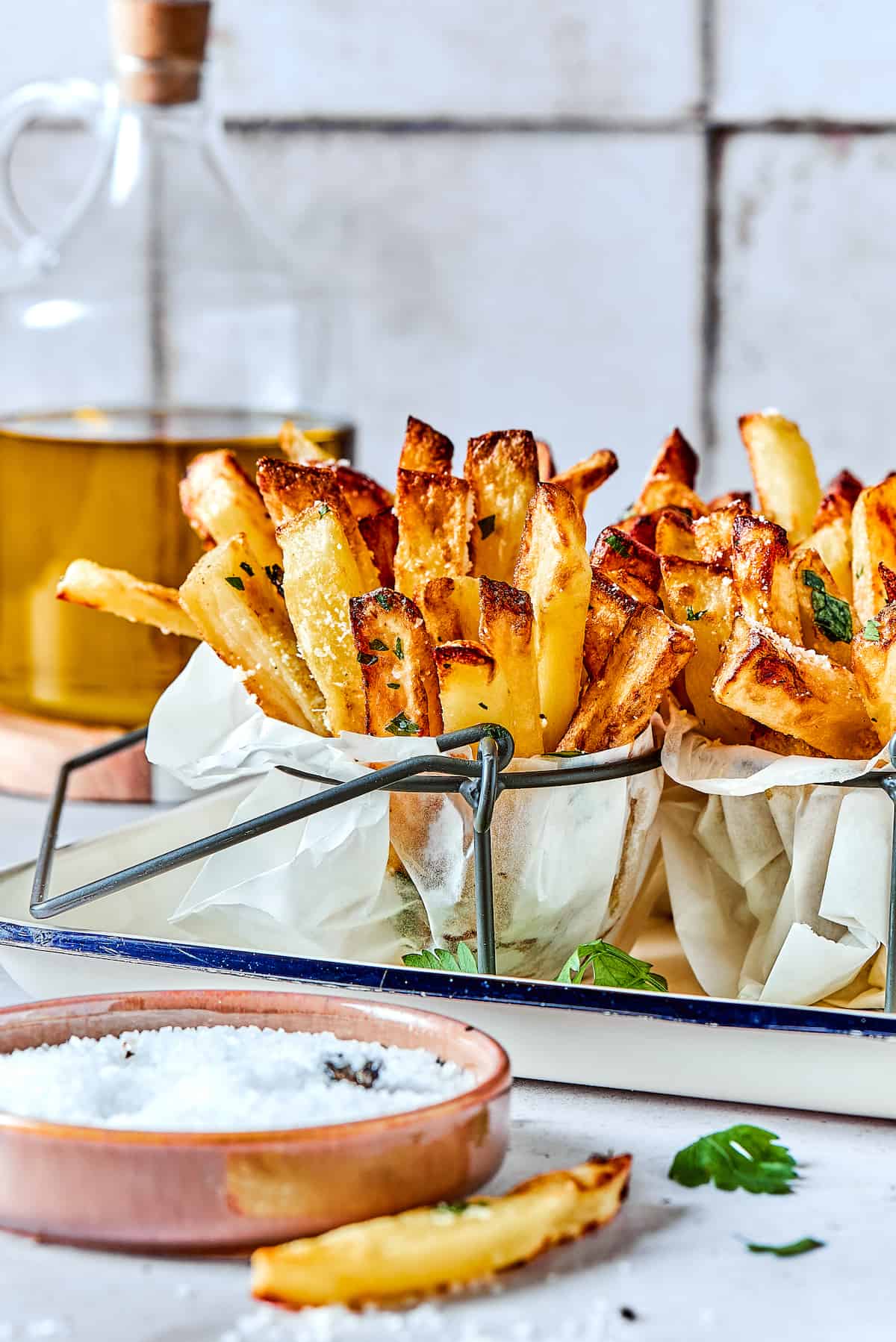 Truffles fries in paper with dip.