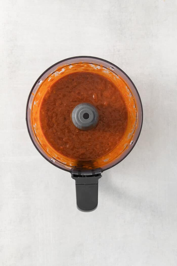 barbecue sauce in the bowl of a food processor