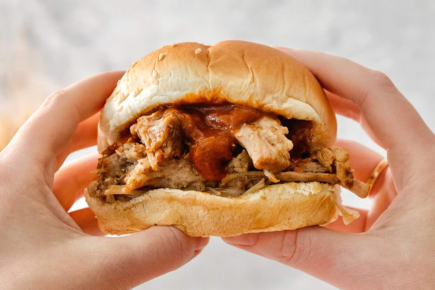 hands holding a bbq pork sandwich