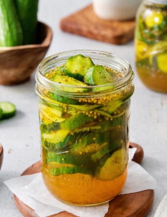 A jar of bread and butter pickles.