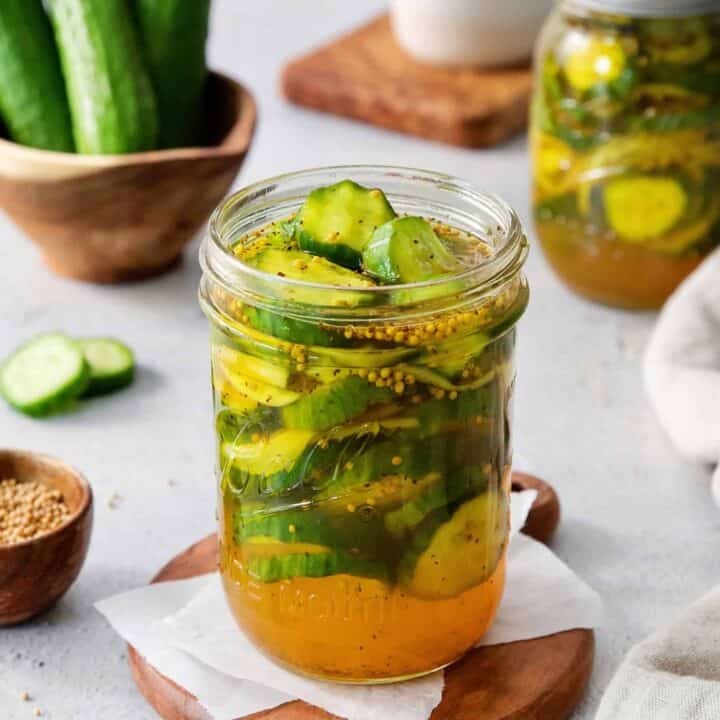 A jar of bread and butter pickles.