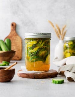 A jar of bread and butter pickles.