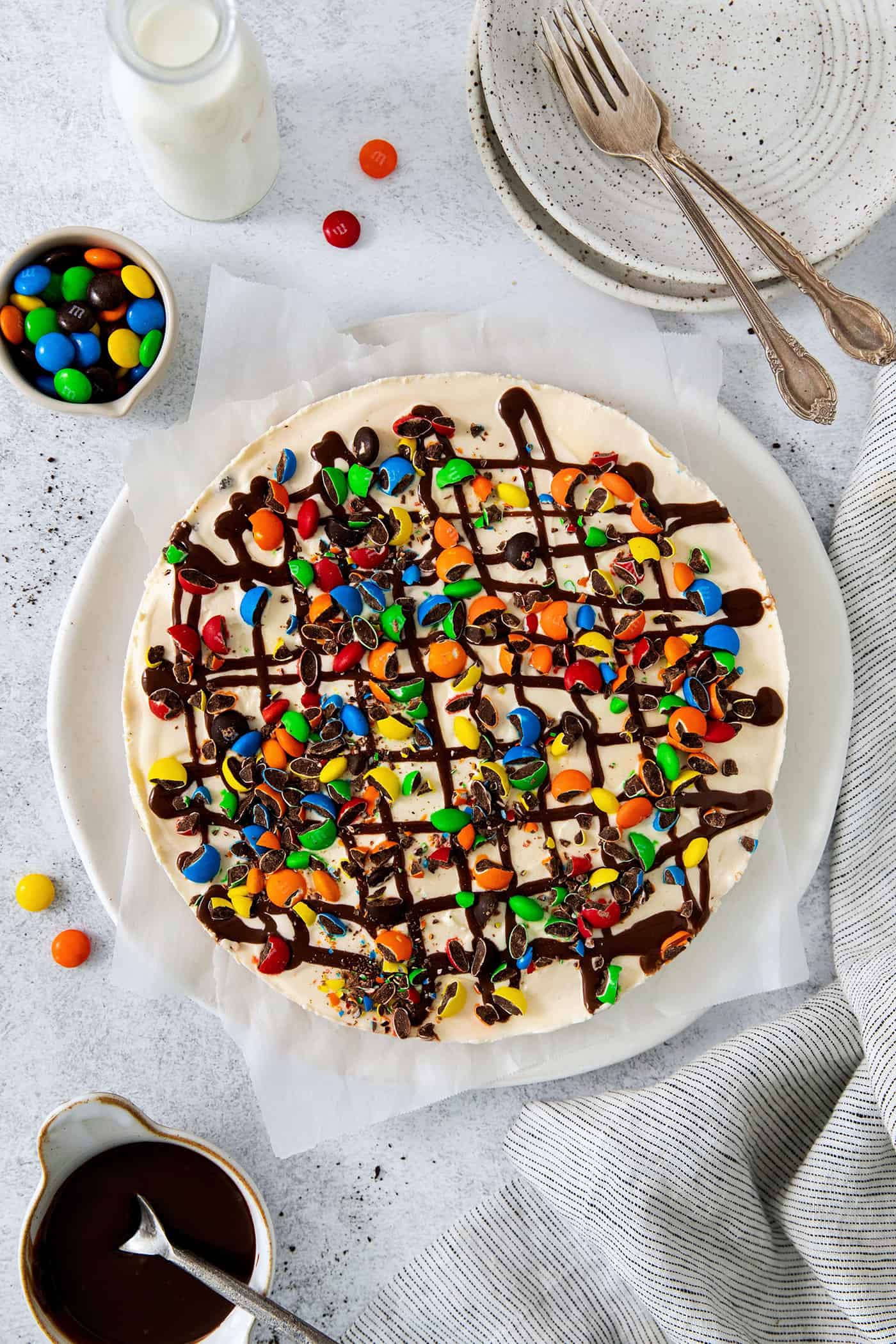 Overhead view of a homemade Dairy Queen treatzza pizza