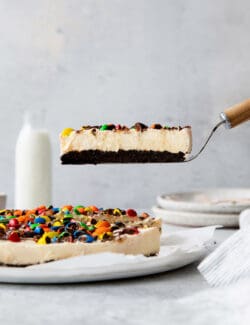 A slice of ice cream pizza on a serving spatula