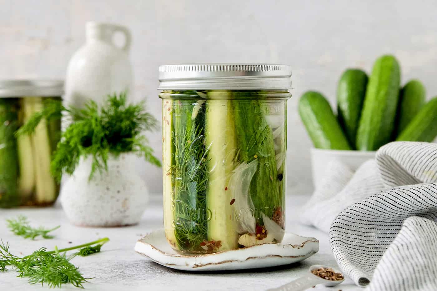 A jar of quick dill pickles